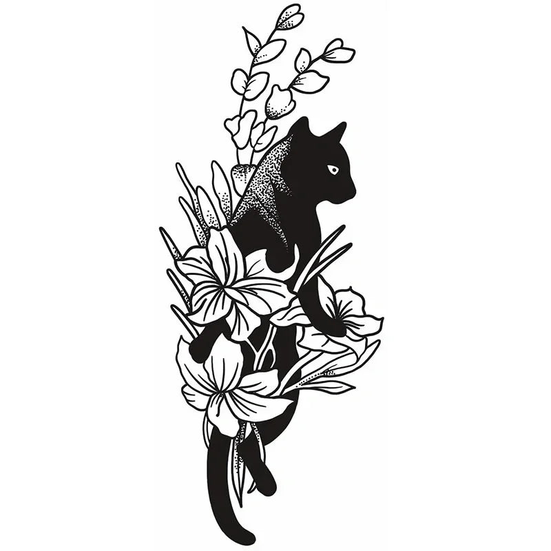 Black Cat & Flowers - InkOMG