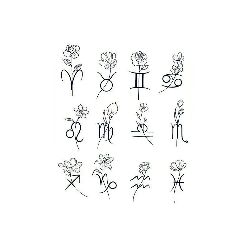 Floral Zodiac Tattoo Set – 12 Horoscope Signs - InkOMG