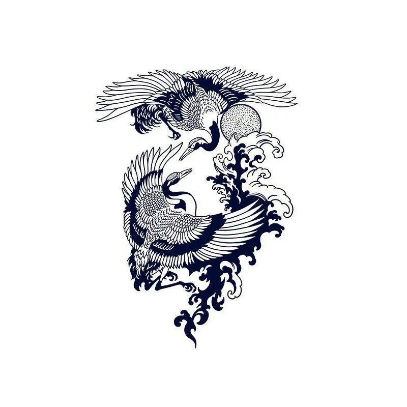 Japanese Cranes & Waves - InkOMG