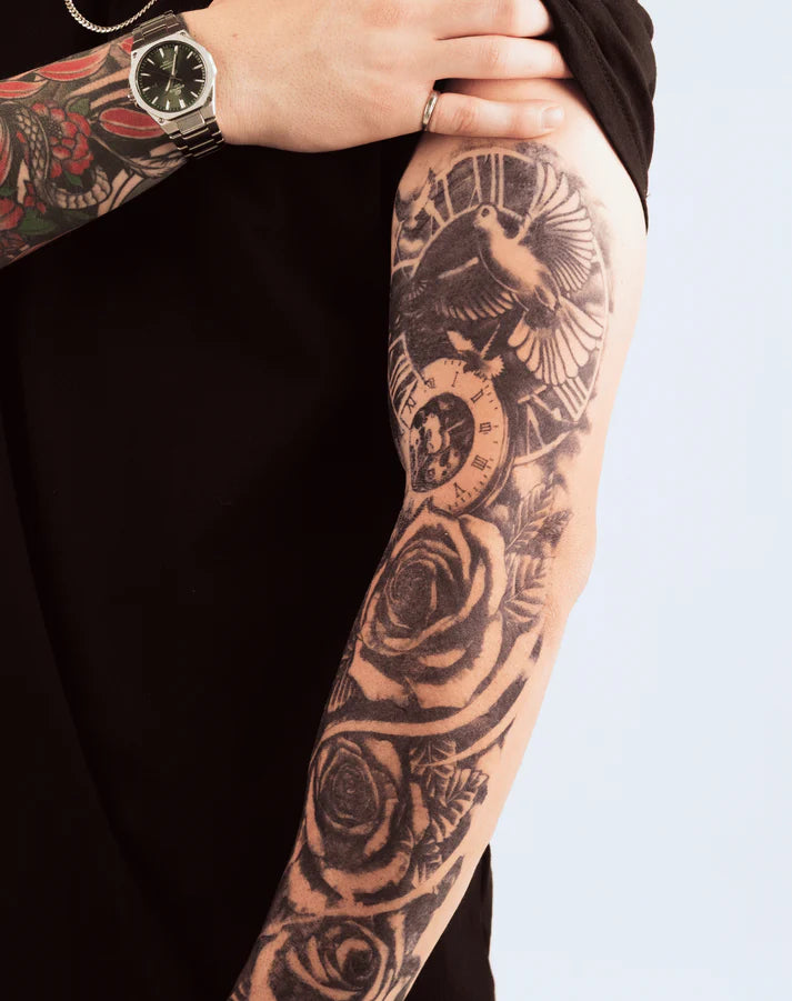 Dove Clock Roses Sleeve Temporary Tattoo on arm