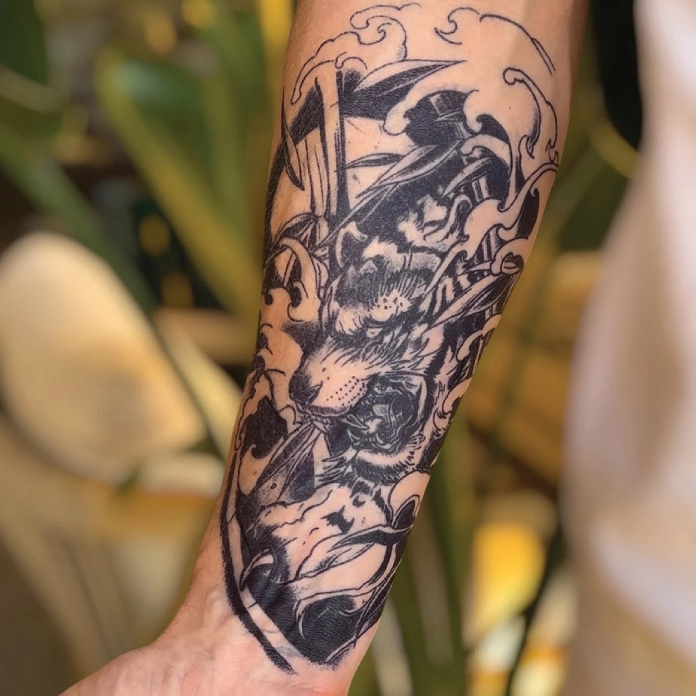 Japanese style Tiger & Waves tattoo on forearm
