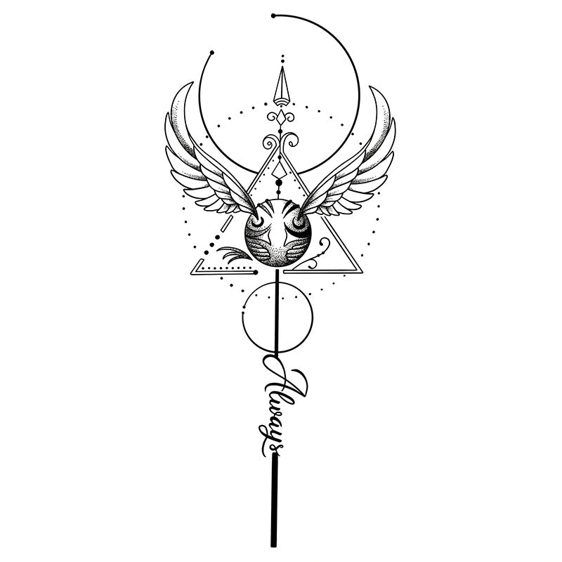 Wizard-inspired fine line tattoo featuring a winged orb in front of sacred geometry, with the word 'Always' written in elegant cursive script.