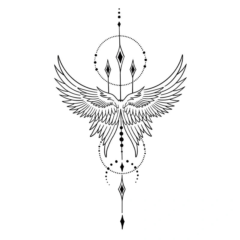 Symmetrical fine line tattoo design featuring open angel wings intertwined with sacred geometric circles, diamonds, and dotted patterns.