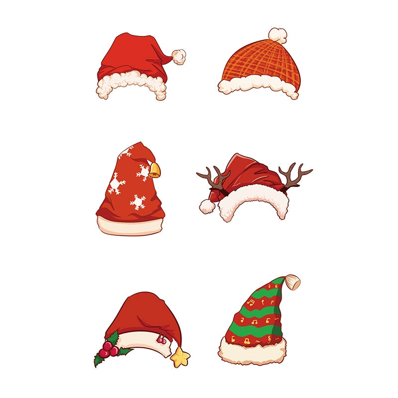 Set of Christmas Santa hats and beanies with antlers, holly and stars (color temporary tattoo for Christmas party, 2–3 days wear)