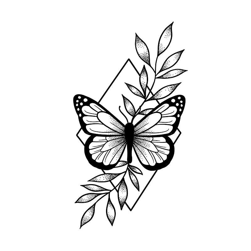 Symmetrical tattoo design featuring a beautifully detailed butterfly resting on a leafy branch with dotwork shading, framed by a minimal geometric diamond.