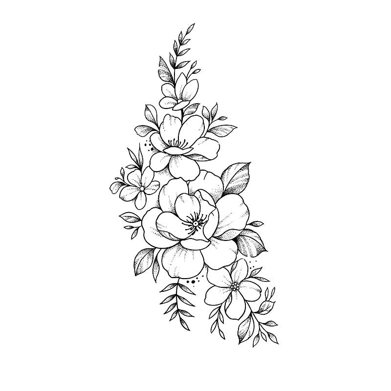 Dotwork semi-permanent tattoo of a peony flower cluster with surrounding shaded leaves.