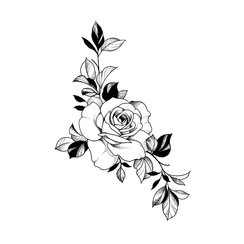 Elegant botanical tattoo design featuring a blooming rose and detailed leaves, created with intricate dotwork shading and solid contrasting accents.