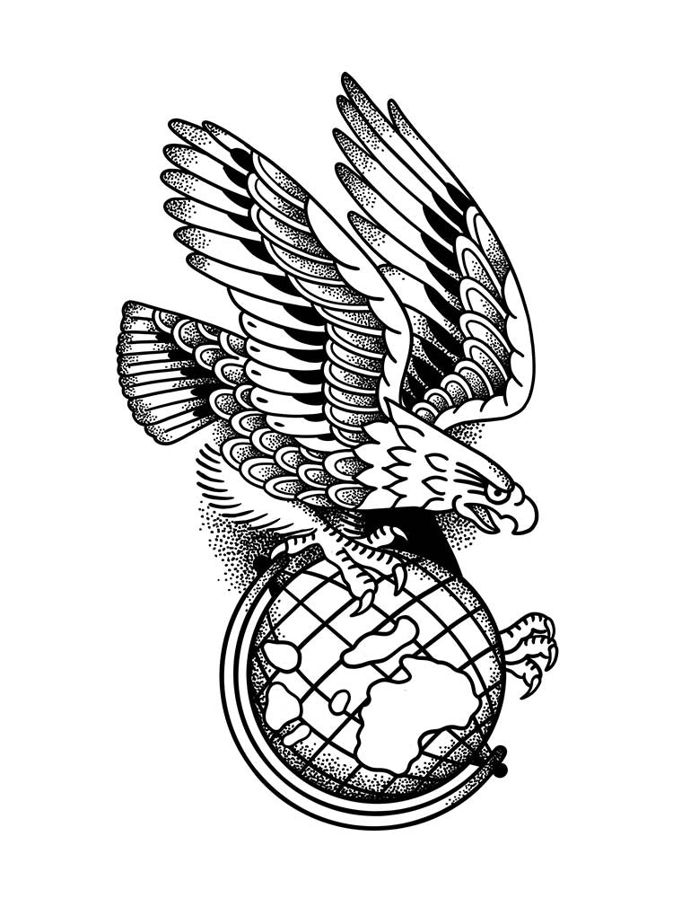 Bold traditional blackwork tattoo design featuring a fierce eagle with spread wings, using its talons to grasp a globe, detailed with dotwork shading.