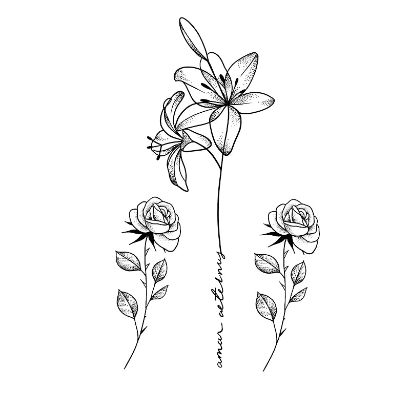 Intricate fine line tattoo design featuring lilies, two roses, and elegant vertical Latin script "amar aeternus" with dotwork shading.