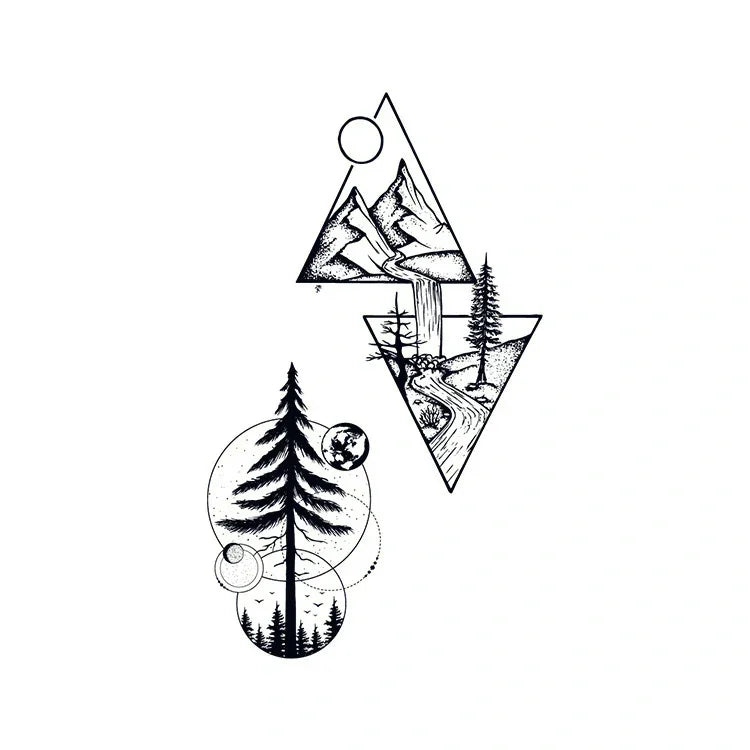 Geometric mountain and forest semi-permanent tattoo design from the Everyday Starter Stack (4-Pack), featuring triangle landscapes, waterfall, pine trees, and circle accents