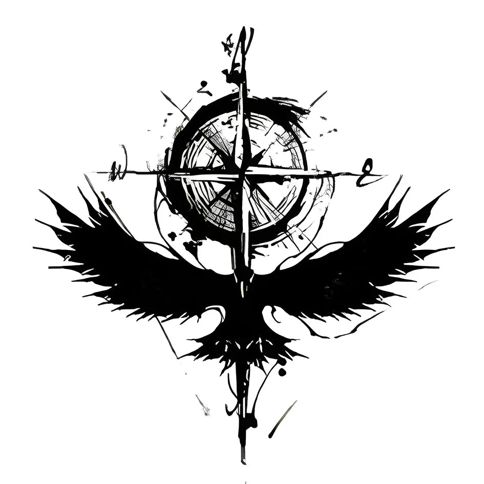 Raven with compass rose semi-permanent tattoo design from the Everyday Starter Stack (4-Pack)