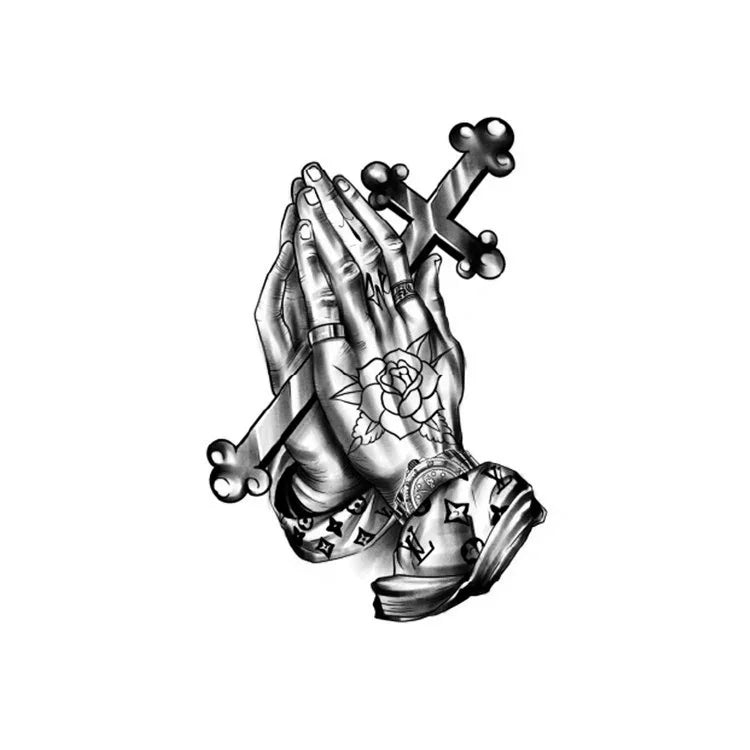 Praying hands with rosary semi-permanent tattoo design from the Faith & Cross Essentials 4-Pack.
