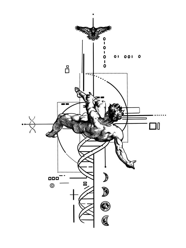 Surreal dotwork tattoo design featuring a classical male figure falling through a DNA double helix, surrounded by binary code, geometric lines, and moon phases.
