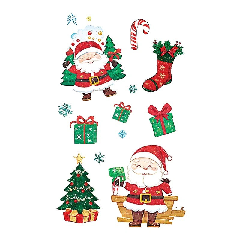 Glitter Santa with tree, candy cane, stocking and gifts (color temporary tattoo for Christmas party, 2–3 days wear)