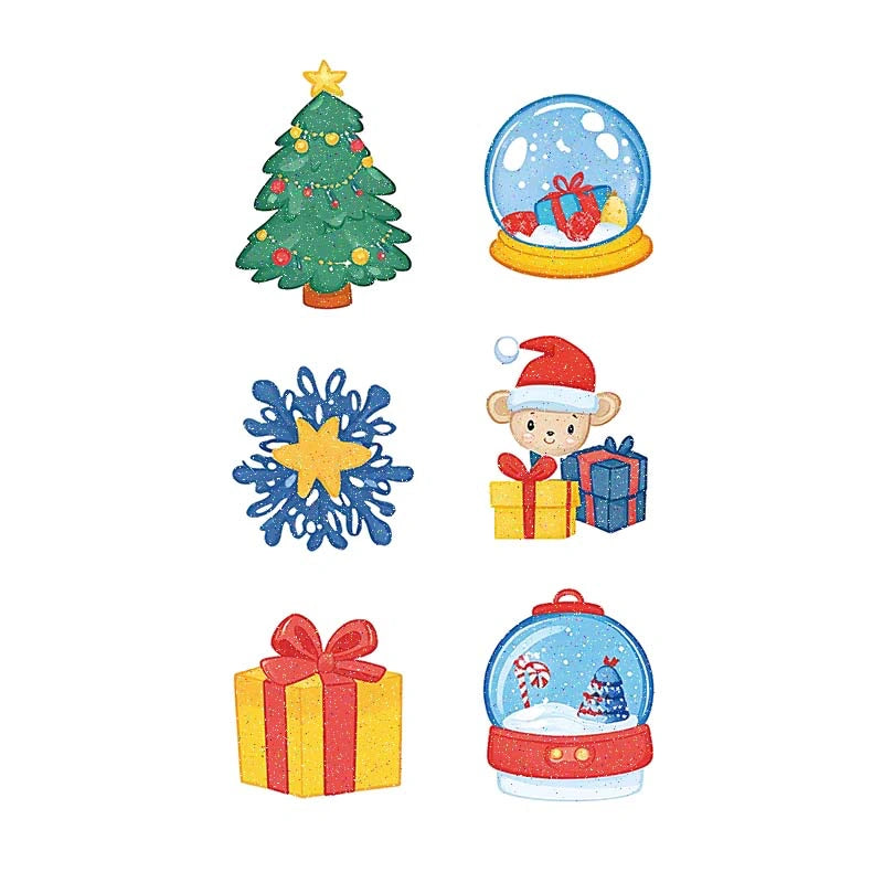 Glitter tree, snow globes, snowflake star, monkey and gifts (color temporary tattoo for Christmas party, 2–3 days wear)