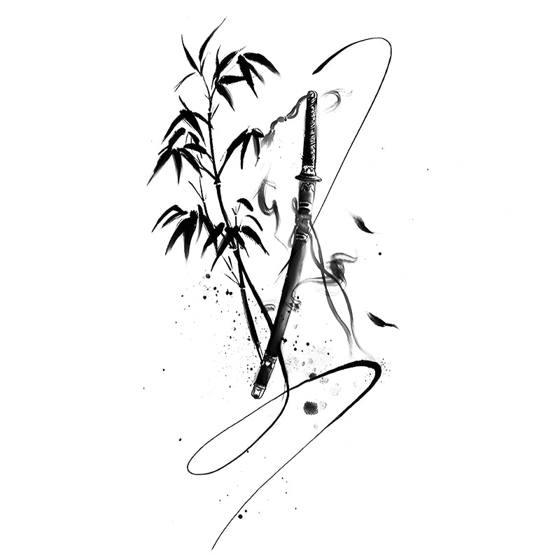 Abstract brushstroke tattoo design featuring a traditional Japanese katana sword resting against a bamboo branch, detailed with ink splatters and flowing lines.
