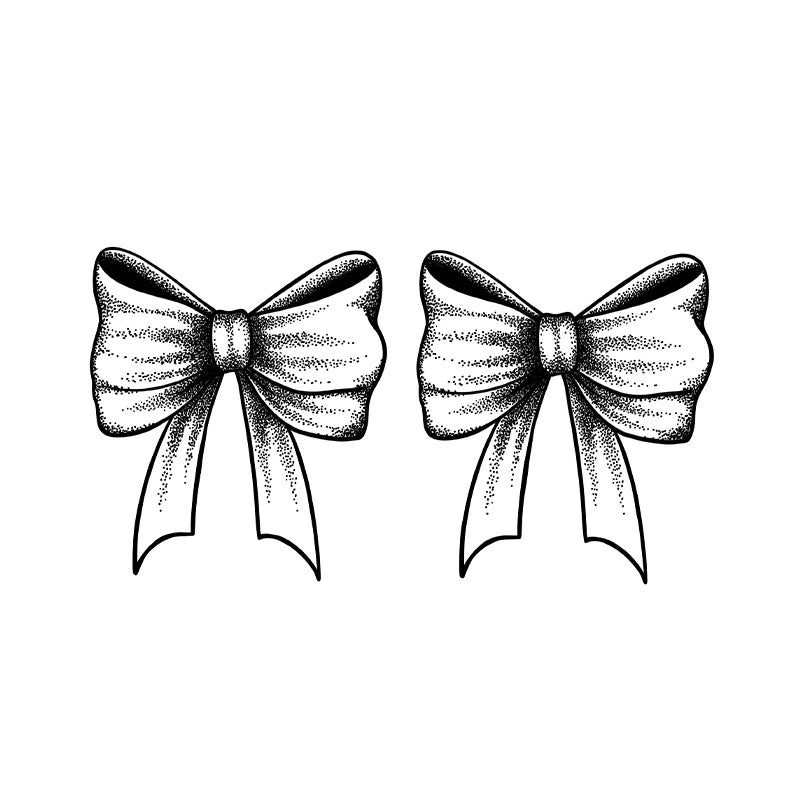 A pair of highly detailed, symmetrical bow tattoos featuring delicate dotwork shading, perfect for the coquette or balletcore aesthetic.