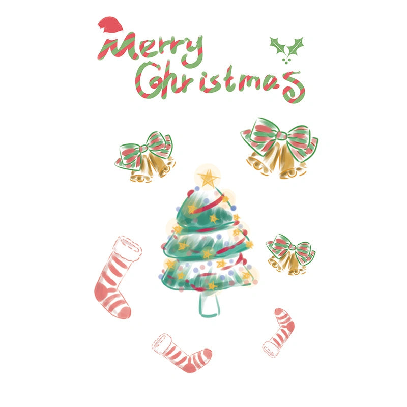 Merry Christmas lettering with tree, bows, bells and stockings (color temporary tattoo for Christmas party, 2–3 days wear)