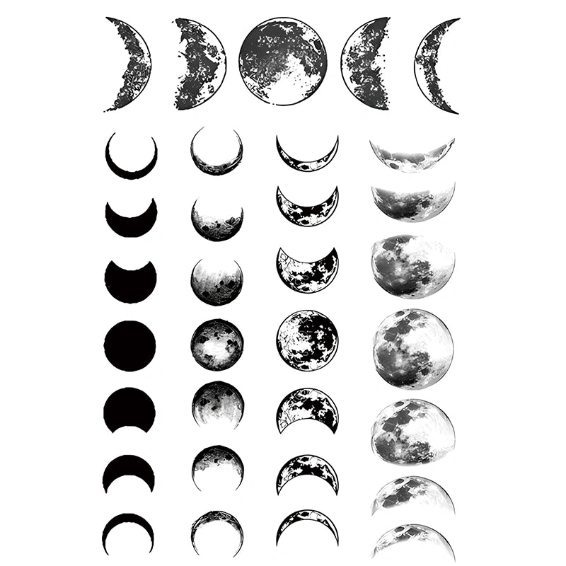 Moon phases semi-permanent tattoo sheet from the Moon & Sun Celestial Symbols 4-Pack.