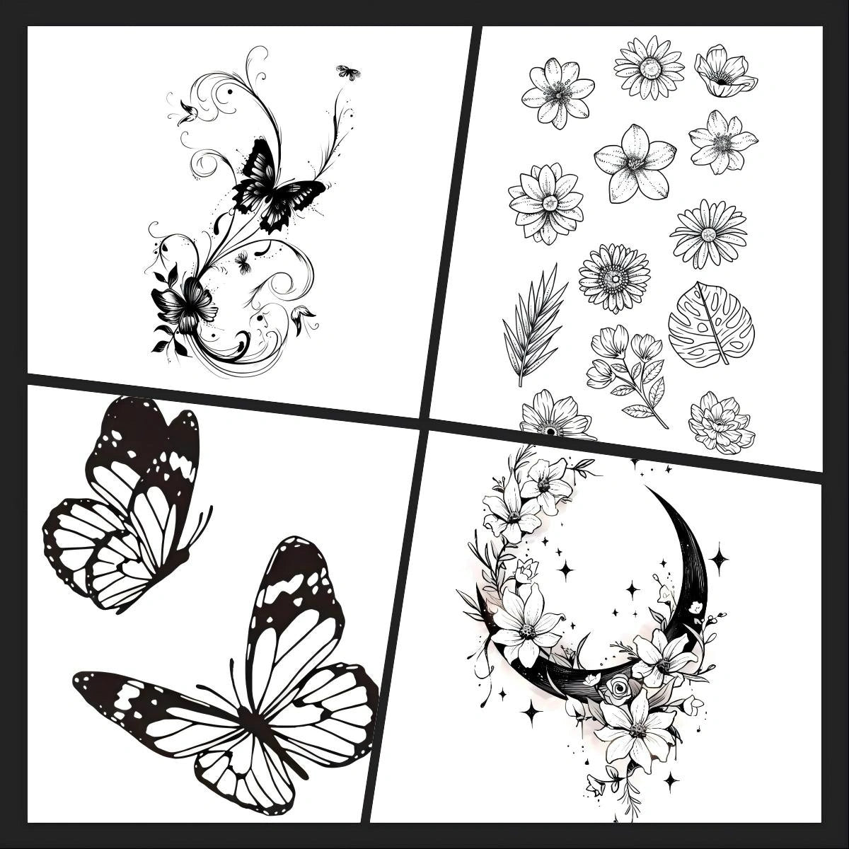 Moonlit Butterflies Mini Set (4-Pack) semi-permanent tattoo bundle overview featuring butterfly florals, mini Flowers, two butterflies, and a crescent moon wreath.