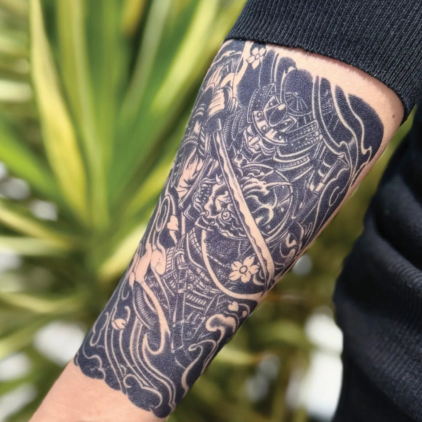 Japanese style armoured samurai oni shogun tattoo on fore arm