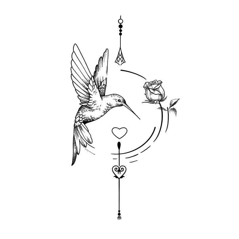 Symmetrical ornamental tattoo design featuring a geometric circle wreath with a hovering hummingbird on the left and a rose on the right, accented by top and bottom pendants with heart motifs.