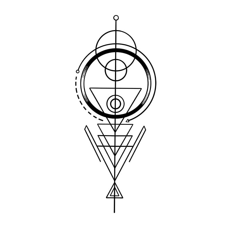Abstract minimalist tattoo design featuring a symmetrical arrangement of sacred geometry shapes, including fine line circles, overlapping downward triangles, and a dotted arrow.
