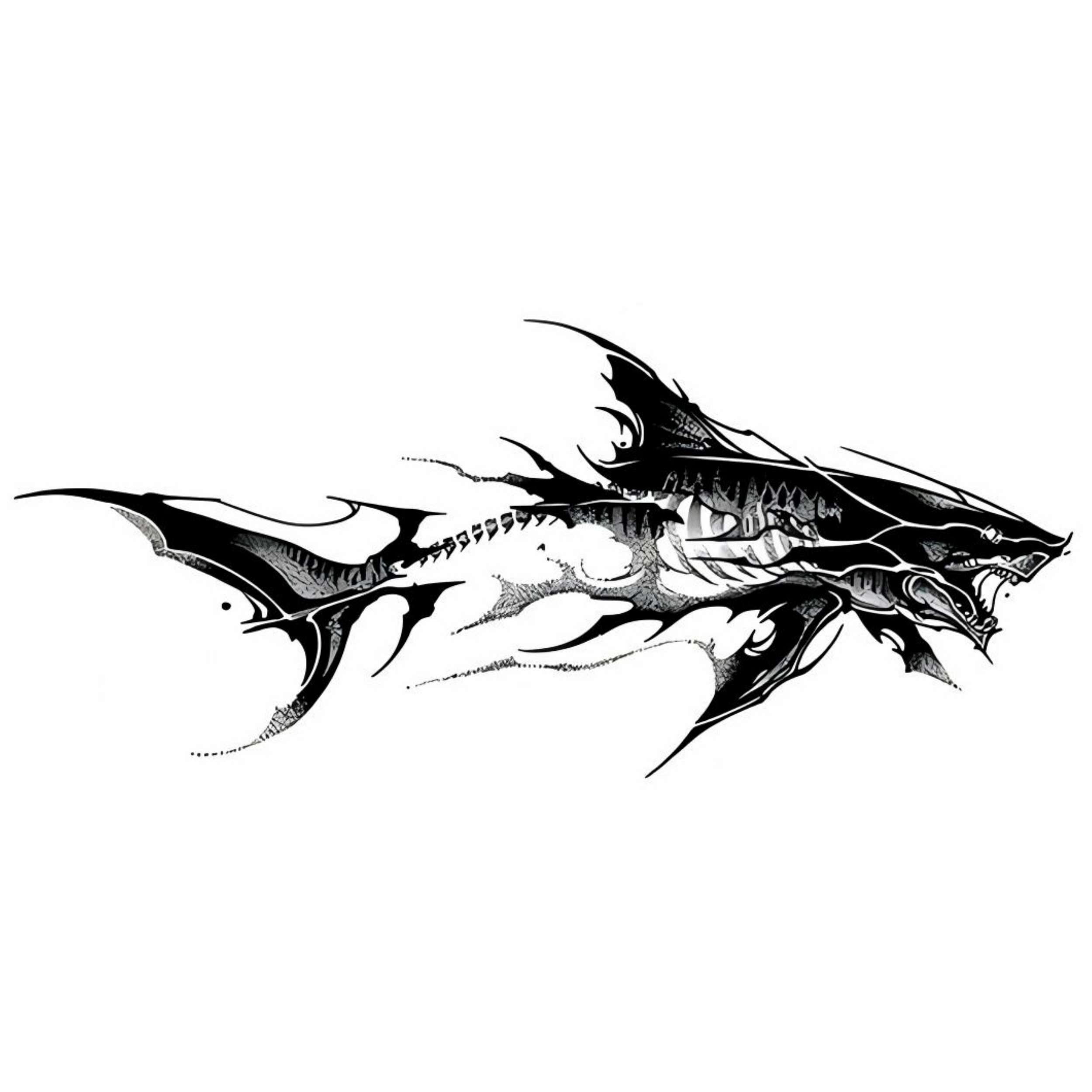 Shark Shadow semi-permanent tattoo design featuring a skeletal shark with bold blackwork, exposed spine and ribs, and abstract tribal-style fins.