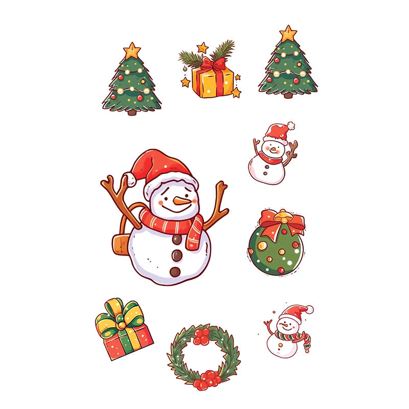 Snowman, Christmas trees, gifts and wreath (color temporary tattoo for Christmas party, 2–3 days wear)