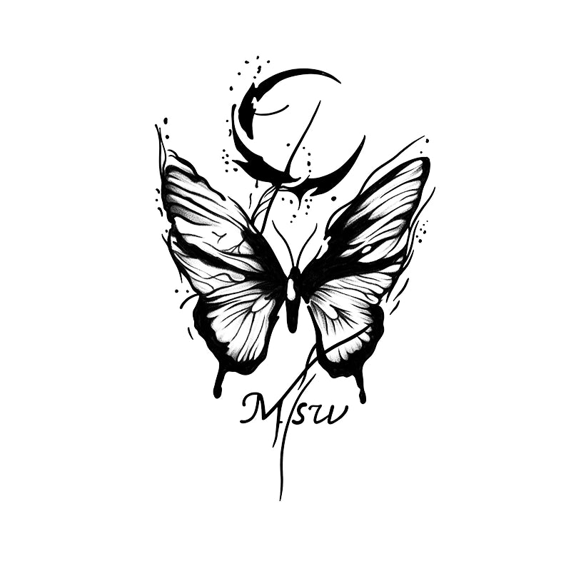 Edgy abstract ink tattoo design featuring a large butterfly with bold black brushstrokes, positioned beneath a splattered crescent moon and stylized text.