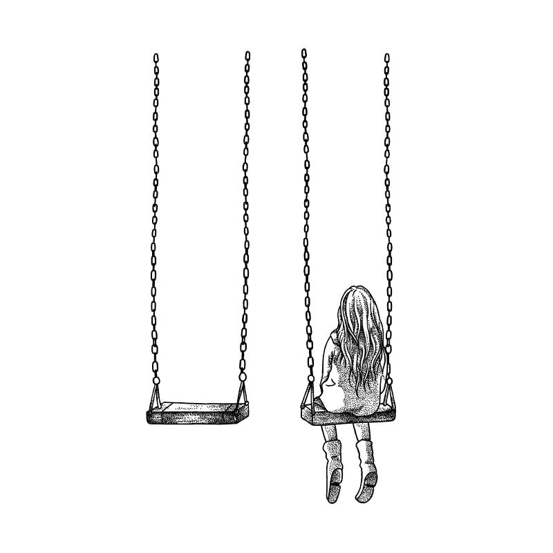 Detailed tattoo design of a girl with long hair sitting on a chain swing, featuring realistic shading and a nostalgic atmosphere.