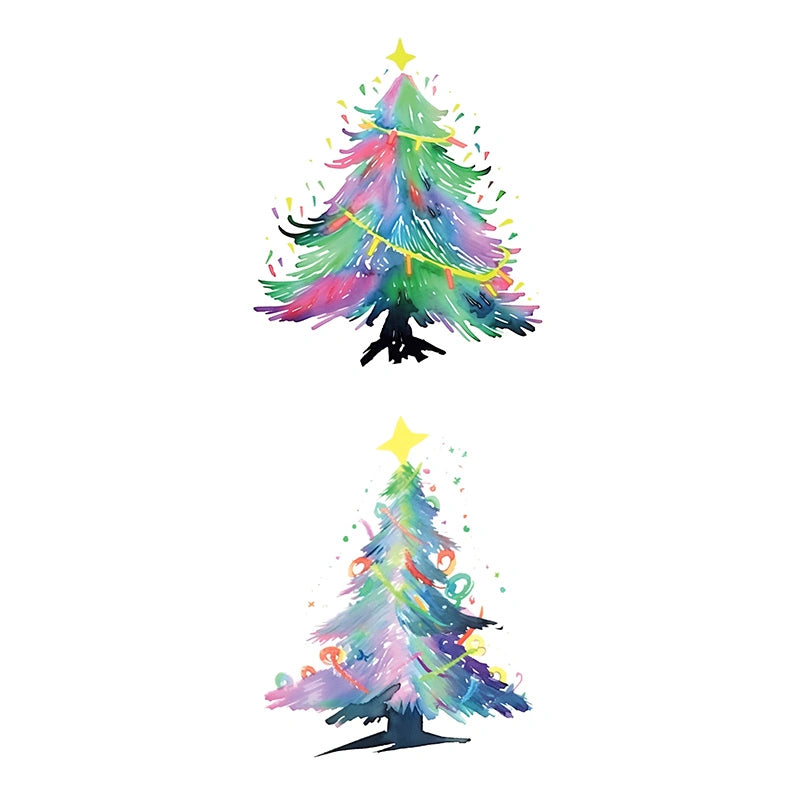 Two watercolor Christmas trees with lights, ornaments and star toppers (color temporary tattoo for Christmas party, 2–3 days wear)