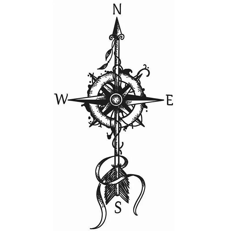 Compass rose semi-permanent tattoo design with cardinal directions and ornamental linework.