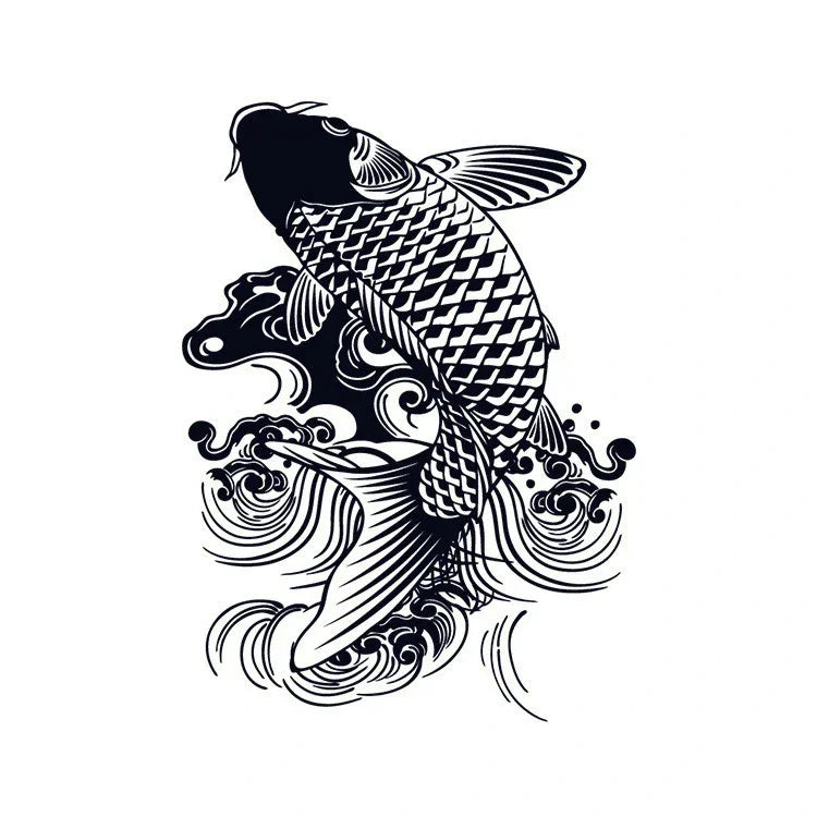 Koi fish with waves semi-permanent tattoo design in Japanese-inspired style.