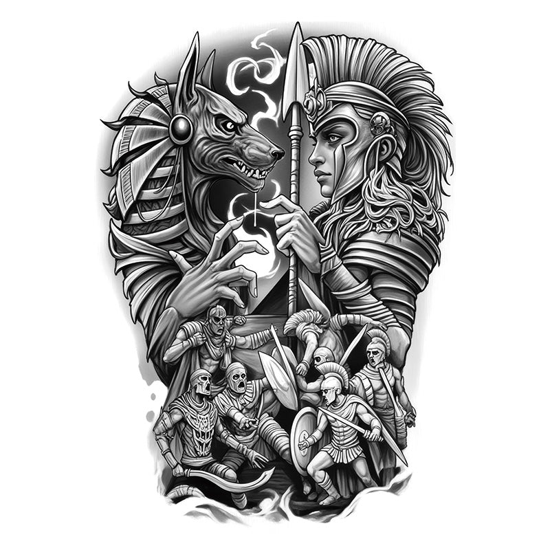 Anubis & Greek Warrior - Full Back tattoo design