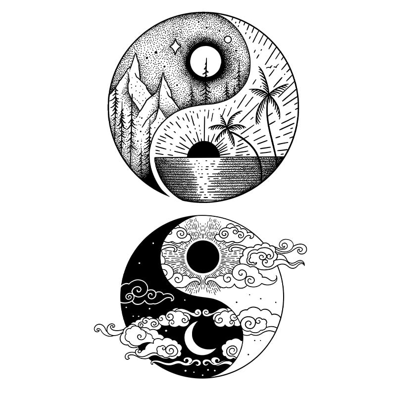 Semi-permanent tattoo duo featuring yin-yang designs with mountains, ocean, sun, moon, clouds, and dotwork detail.