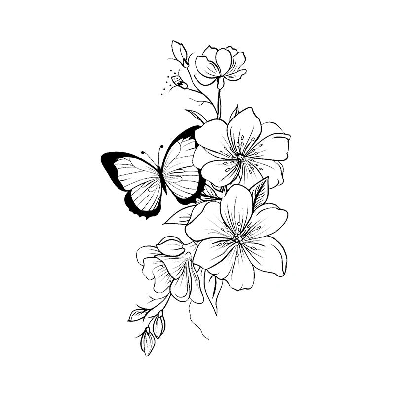 Semi-permanent tattoo of blossoms and a butterfly with clean black linework in a delicate floral style.