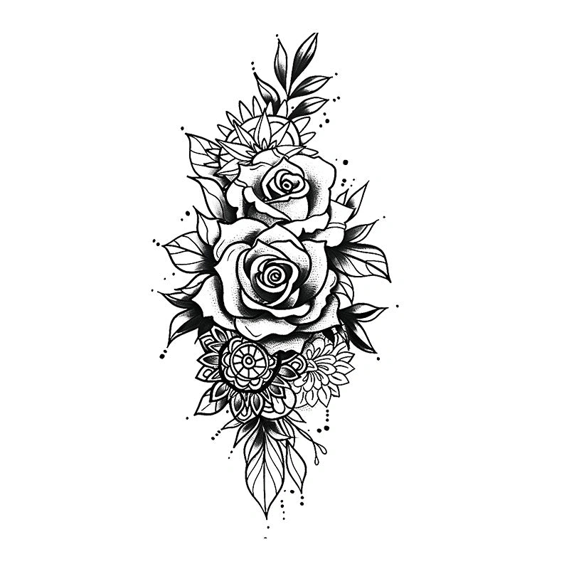 Semi-permanent tattoo of layered roses, leaves, and ornamental floral details with fine black shading and linework.
