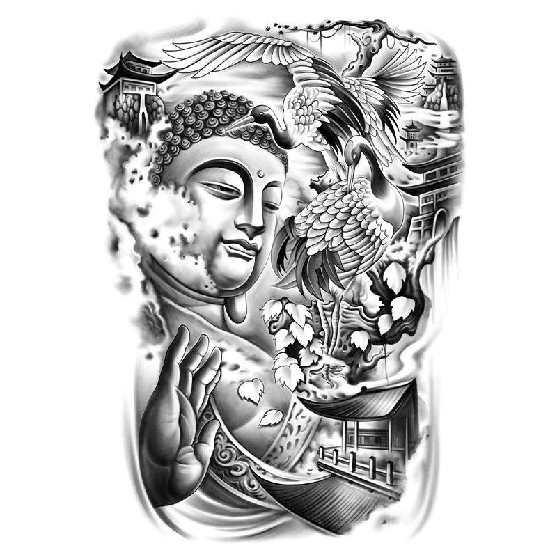 Buddha & Cranes - Full Back tattoo design