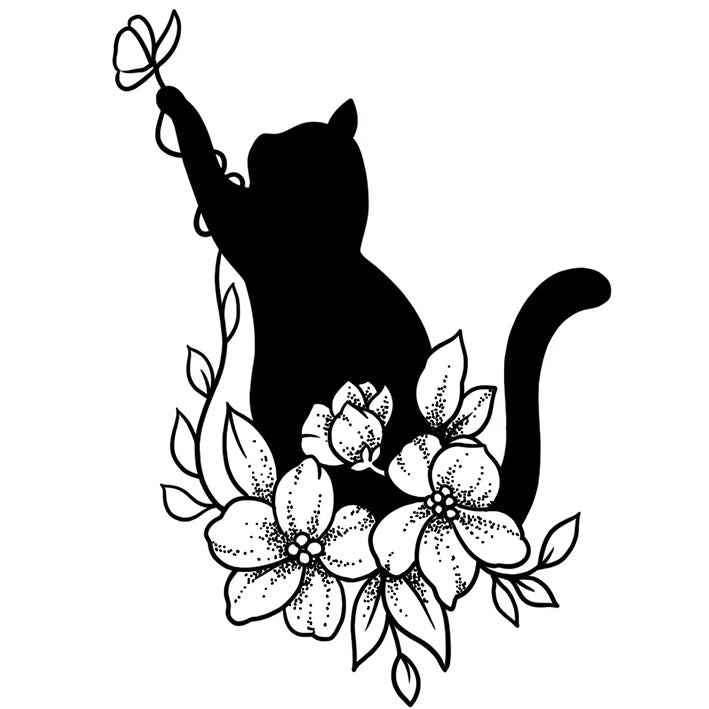 Cat Silhouette with Flowers tattoo design