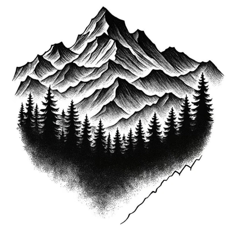 Detailed semi-permanent tattoo of mountain peaks and dense pine forest with heavy dotwork shading and strong contrast.