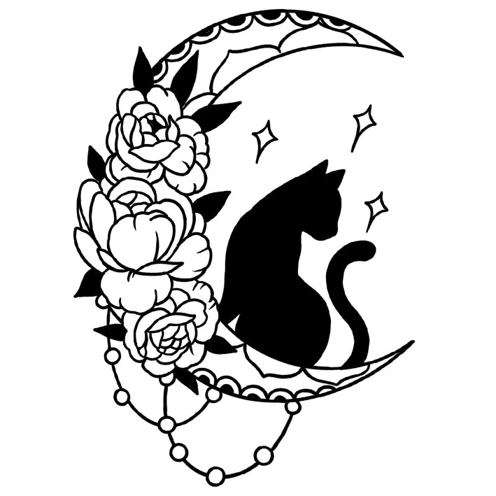 Moon Cat - Crescent & Flowers tattoo design