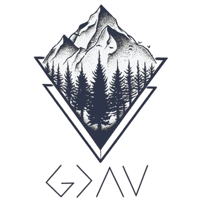 Geometric semi-permanent tattoo of a mountain and pine forest with dotwork shading and bold triangular framing.