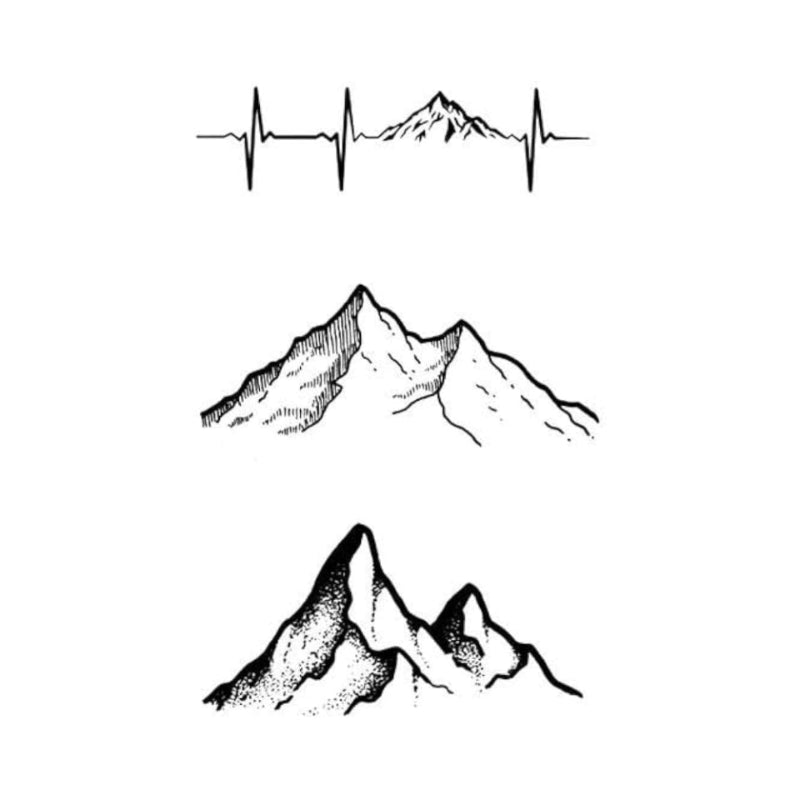 Minimalist semi-permanent tattoo set featuring mountain peaks and a heartbeat ECG line in clean linework style.