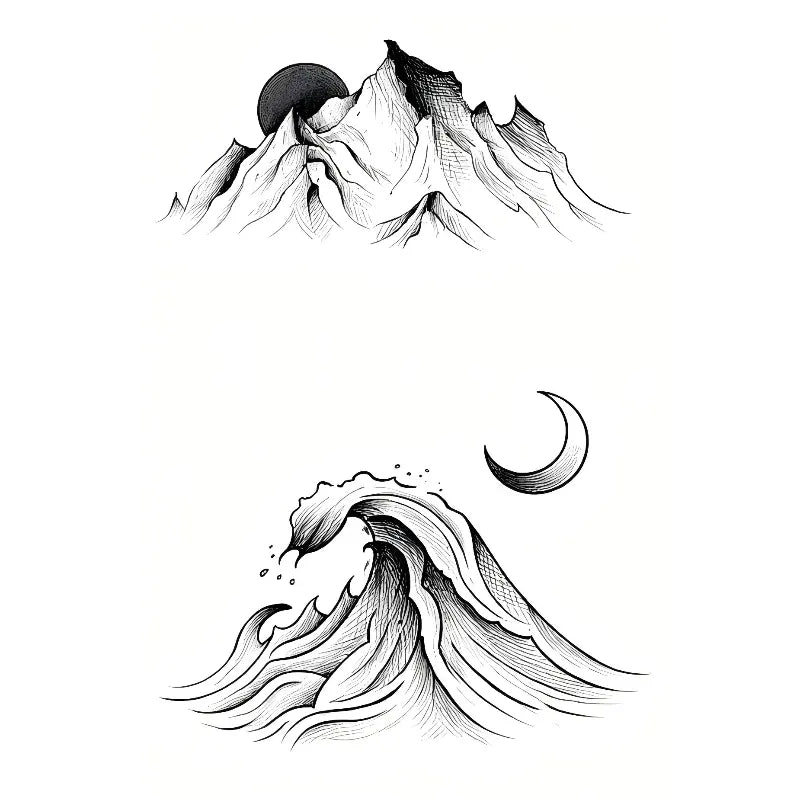 Linework semi-permanent tattoo set featuring mountains with a dark sun and a flowing wave with a crescent moon.