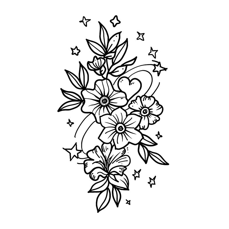 Semi-permanent tattoo of flowers, leaves, stars, and a heart in clean black linework with a playful doodle style.
