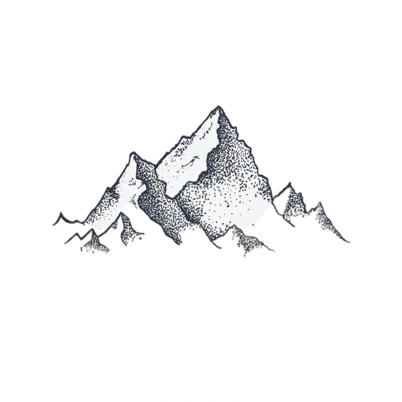 Minimalist semi-permanent tattoo of mountain peaks with dotwork shading in a clean linework style.
