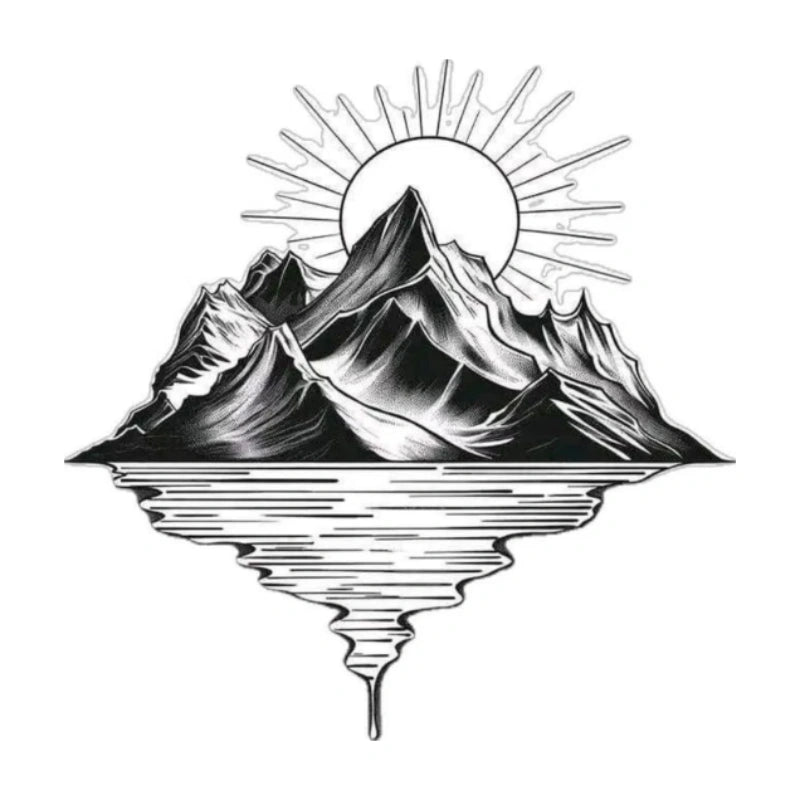 Semi-permanent tattoo of a mountain with sun rays and mirrored reflection in bold black linework style.