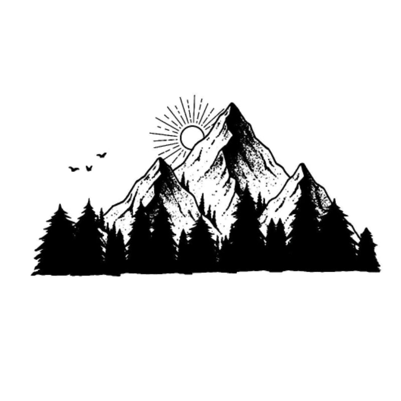 Semi-permanent tattoo of mountain peaks, pine forest, and sun rays with bold black contrast in an illustrative style.