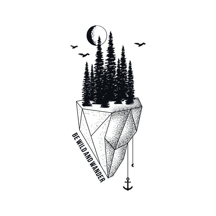 Semi-permanent tattoo of a geometric forest with moon, birds, anchor, and dotwork detail in bold black design.